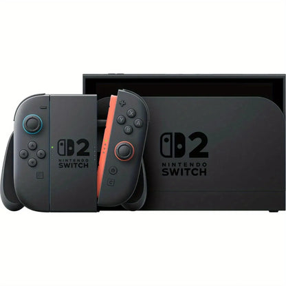 Nintendo Switch 2 gaming console with dock and JoyCons (blue left, orange right) in TV mode on Tampa Home & Garden Store