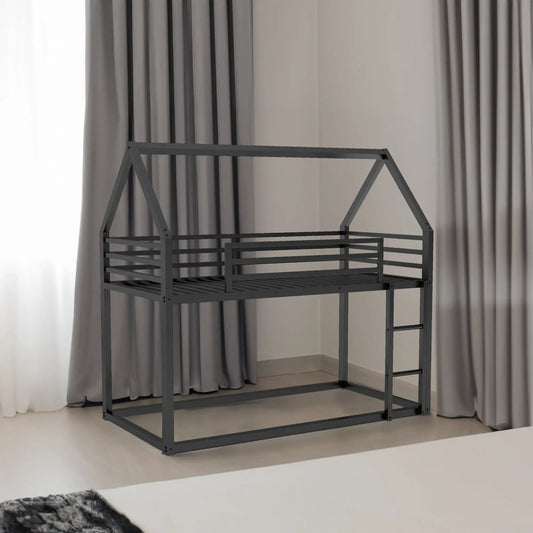 Twin Over Twin Bunk Bed With Built In Ladder, dark gray metal frame on Tampa Home & Garden Store