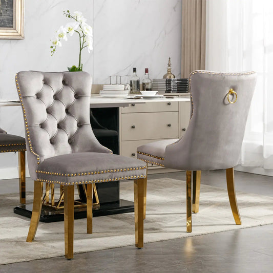 Tufted velvet dining chairs gray and gold with nailhead trim, set of 2 on Tampa Home & Garden Store