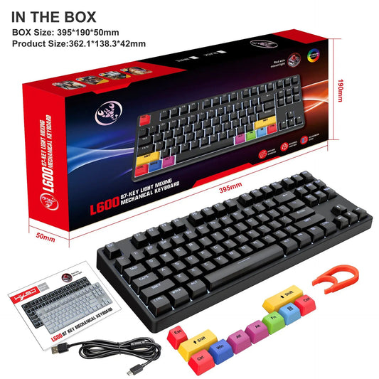 87-key wired mechanical keyboard with red switches beside VIP Digital Presence box on Tampa Home & Garden Store
