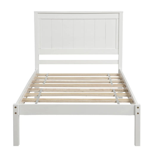 Twin white platform bed frame with paneled headboard and slatted foundation on Tampa Home & Garden Store