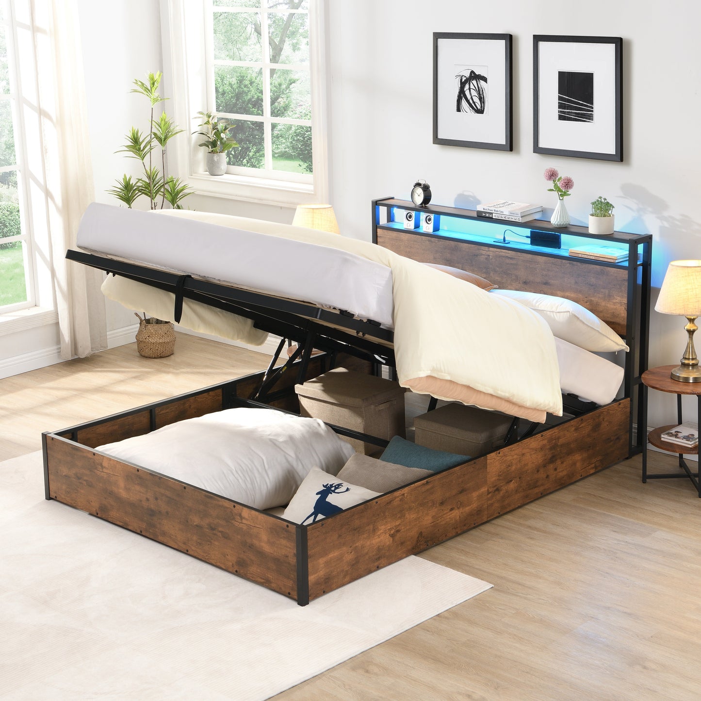 Elevating storage bed frame, full-size bed frame with bookshelf headboard and LED lights, with country brown color - Tampa Home & Garden Store
