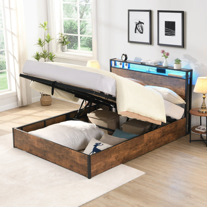 Elevating storage bed frame, full-size bed frame with bookshelf headboard and LED lights, with country brown color - Tampa Home & Garden Store