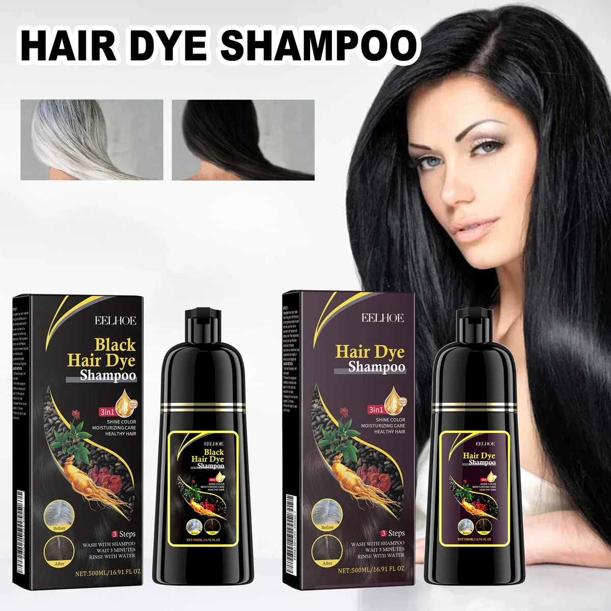 EELHOE Hair Dye Shampoo bottles and boxed packaging with a model sporting long black hair on Tampa Home & Garden Store