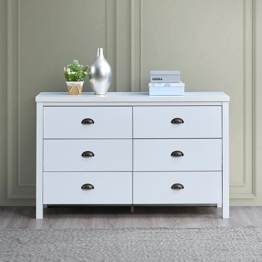 Safari 6-Drawer Dressing Table Interlock, white dresser with 6 drawers and plant on Tampa Home & Garden Store