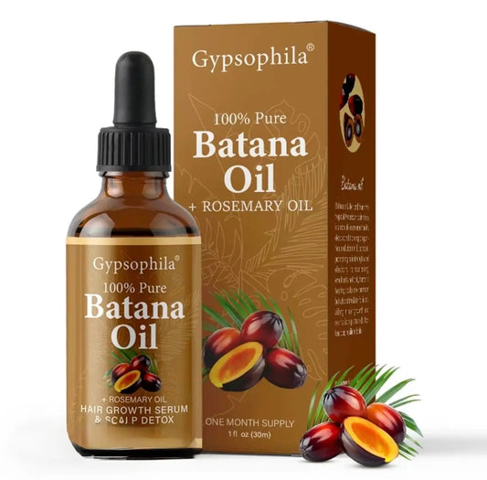 Batana Oil hair growth serum Gypsophila amber dropper bottle beside brown box on Tampa Home & Garden Store