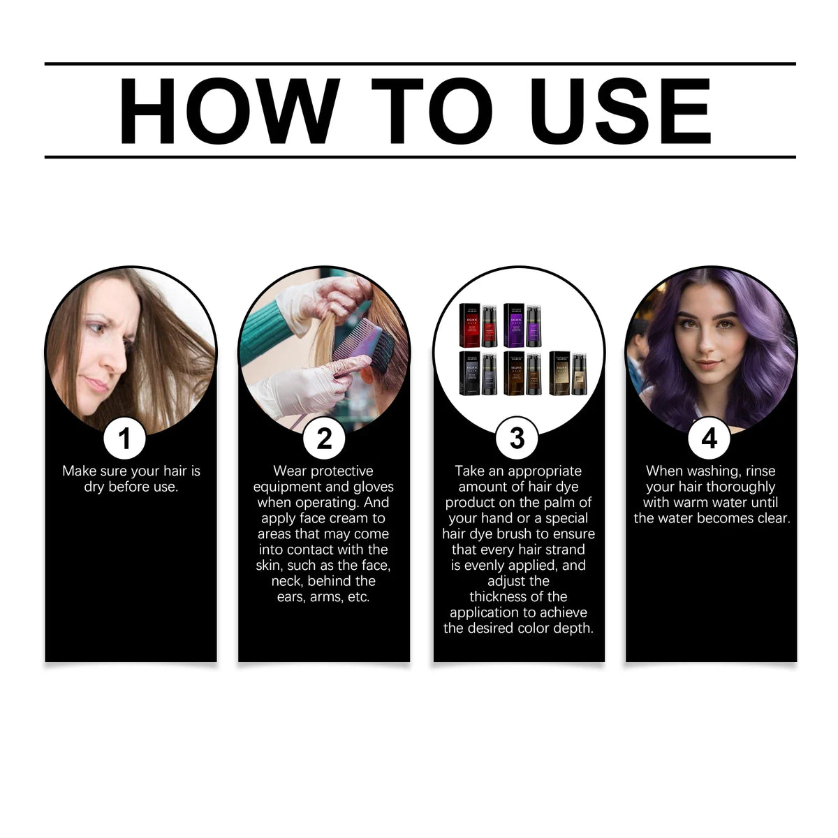 EELHOE multi-color hair dyeing shampoo by Silcy Skin four-step how-to with purple-haired model on Tampa Home & Garden Store