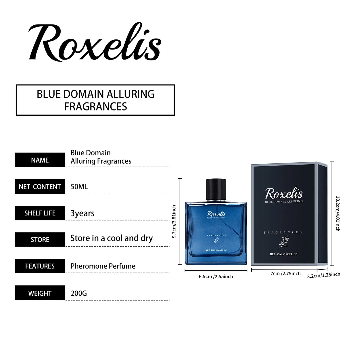 Roxelis Blue Domain 50ml blue bottle with black cap beside navy box Silcy Skin on Tampa Home & Garden Store