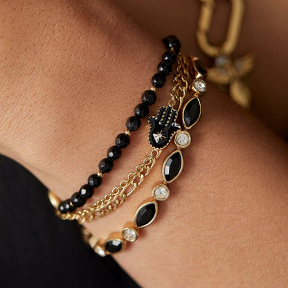 Hamsa Stranded Bracelet Set by ALEX AND ANI with black faceted beads and gold chain charms on Tampa Home & Garden Store