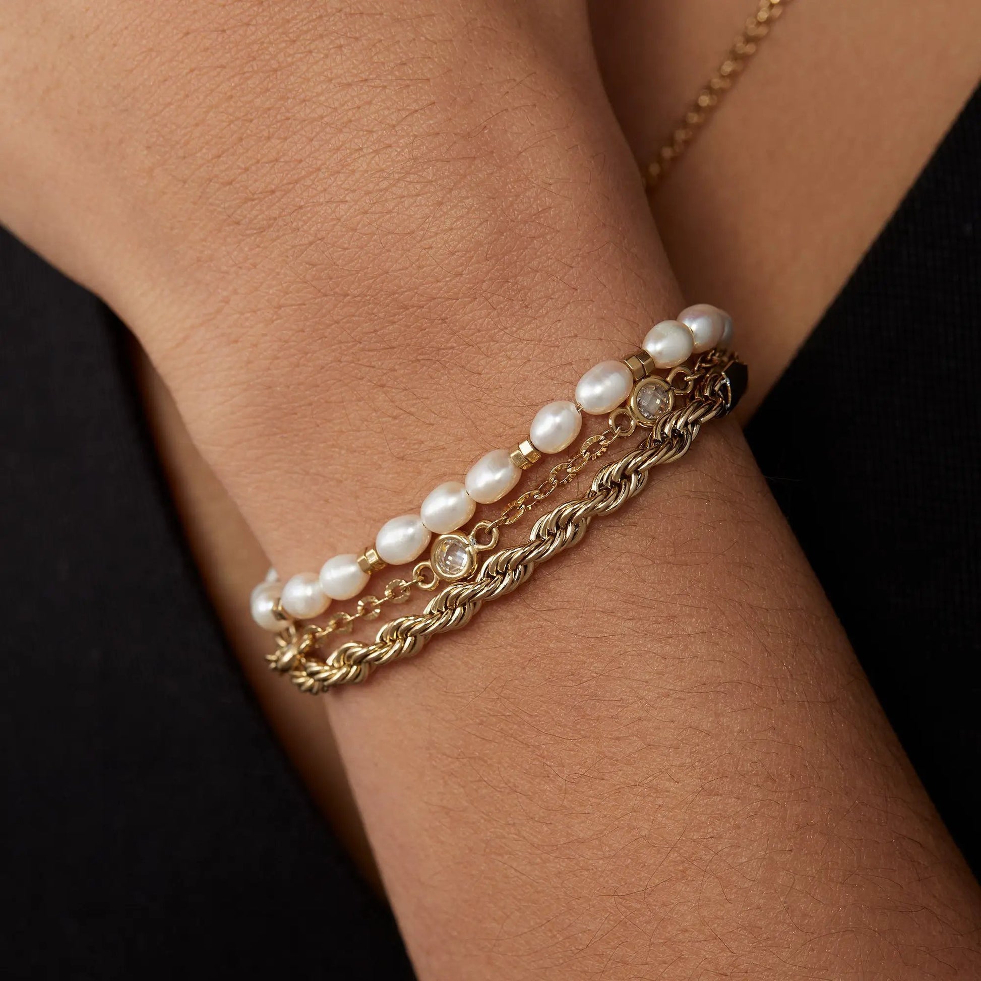 Crystal + Pearl Stranded™ Bracelet Set with gold chains and pearl beads, crystal accents on Tampa Home & Garden Store