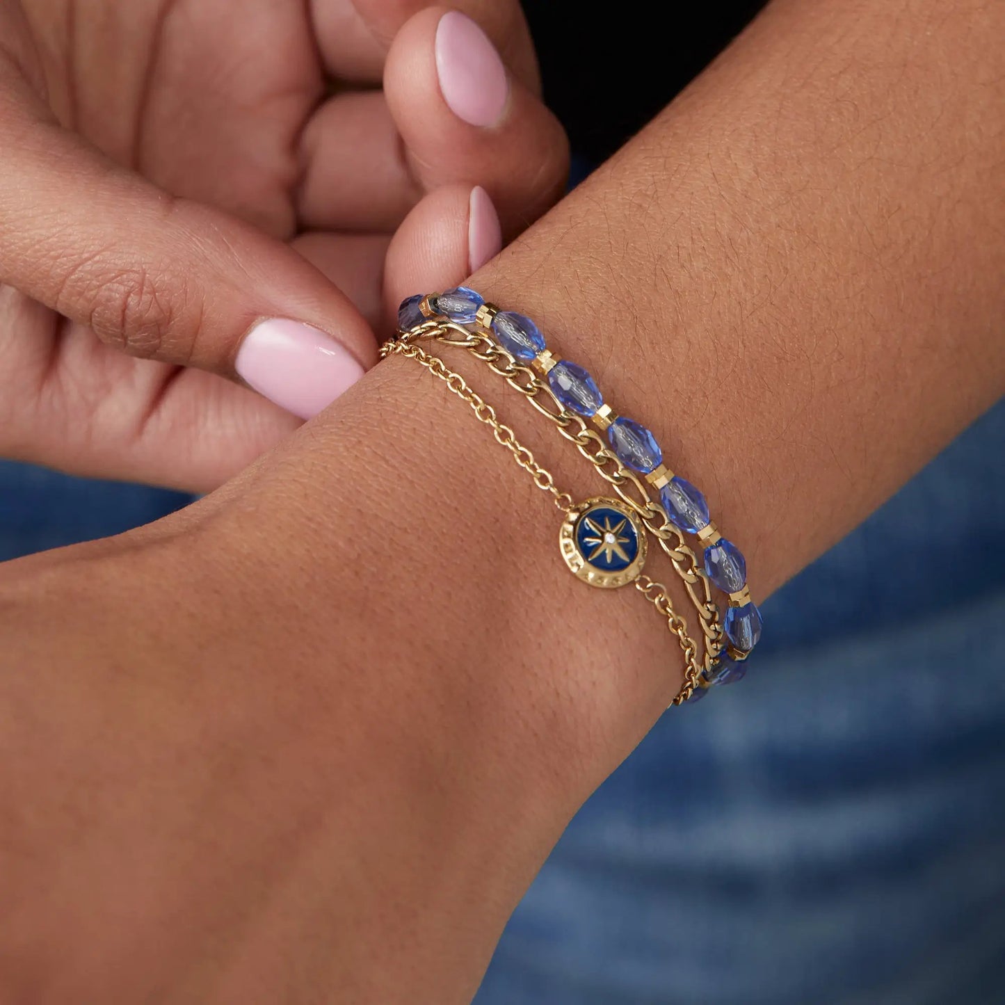 Compass Stranded Bracelet Set Gold Chain Beads