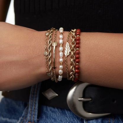 Crystal + Pearl Stranded™ Bracelet Set on a wrist with gold chains, pearl beads, and red beads on Tampa Home & Garden Store