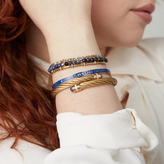 Evil Eye Stranded Bracelet Set blue navy beads with gold-tone spacers, stacked on wrist on Tampa Home & Garden Store