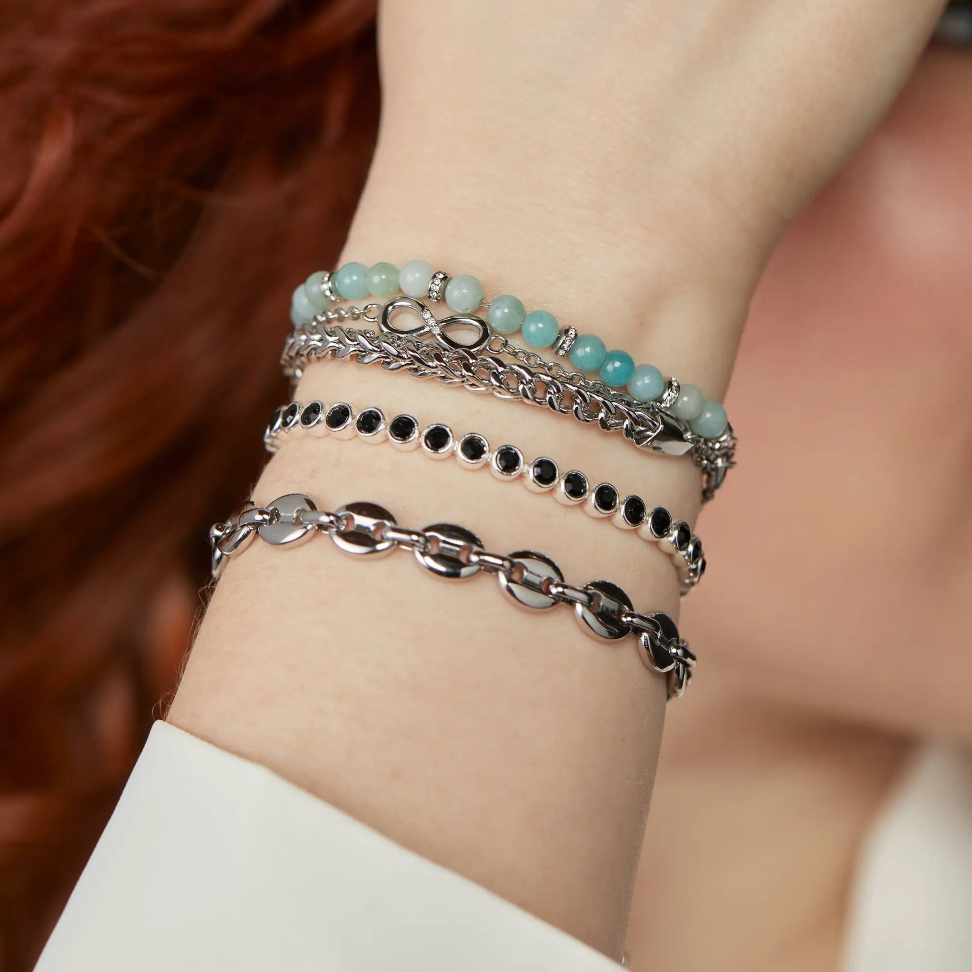 Mariner Chain Bracelet by ALEX AND ANI aqua beads and silver chains on wrist on Tampa Home & Garden Store