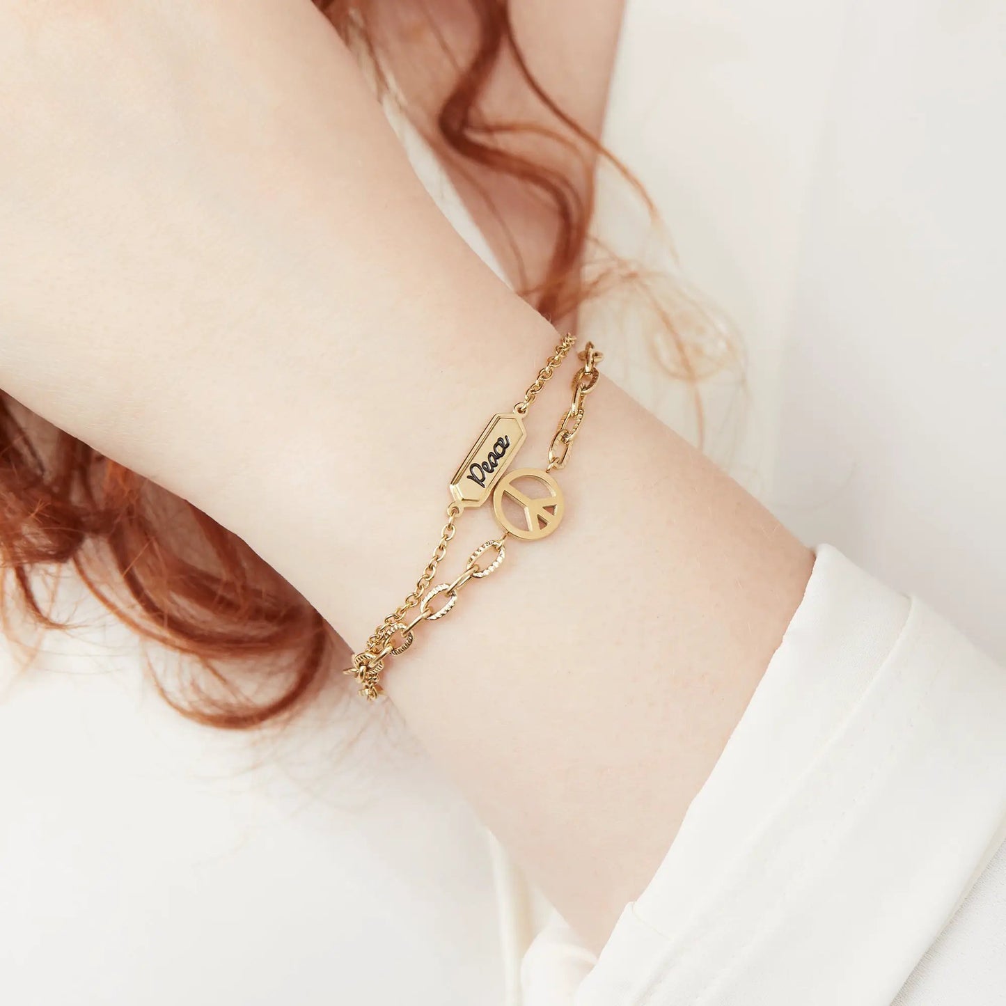 Peace Stranded Bracelet Set With Dual Chains