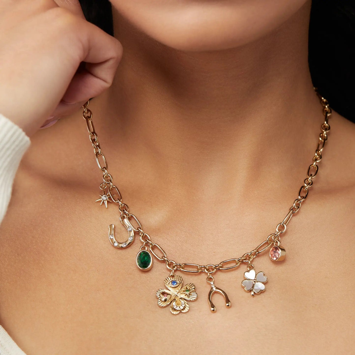 Lucky Four Leaf Clover Charm Necklace by ALEX AND ANI, layered gold-tone chain with clover charm on Tampa Home & Garden Store