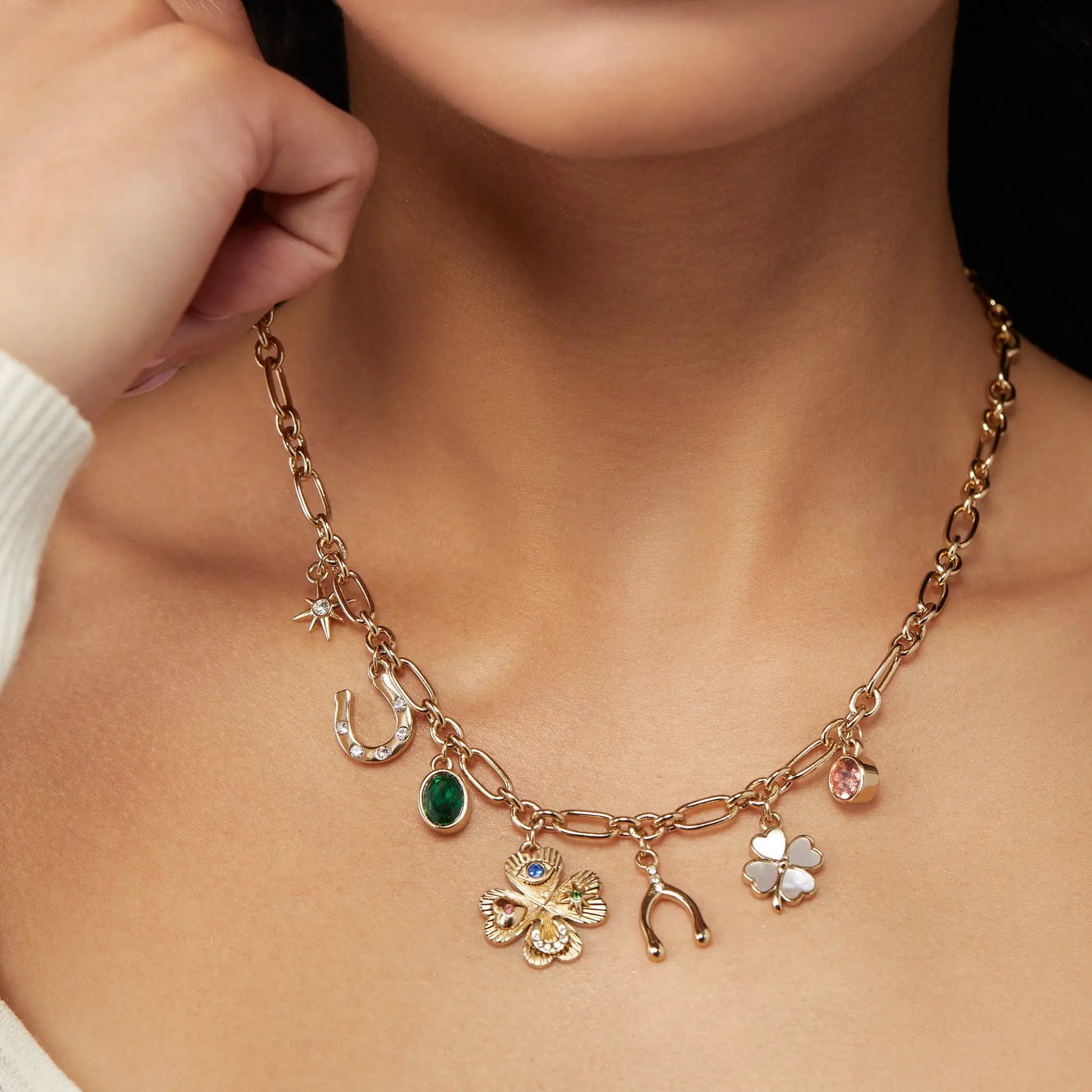 Lucky Four Leaf Clover Charm Necklace by ALEX AND ANI, layered gold-tone chain with clover charm on Tampa Home & Garden Store