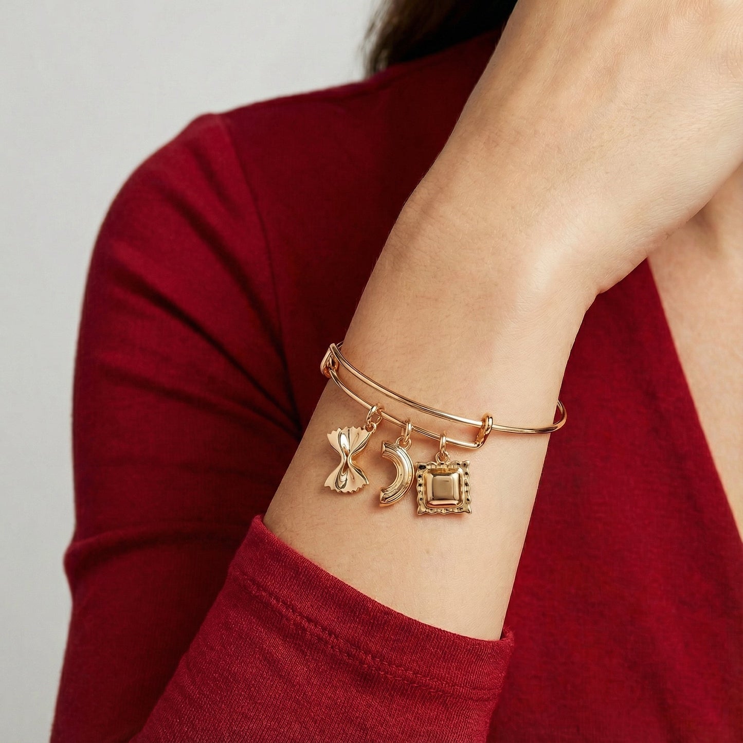 Fun Gold Pasta Three Charm Bangle Bracelet
