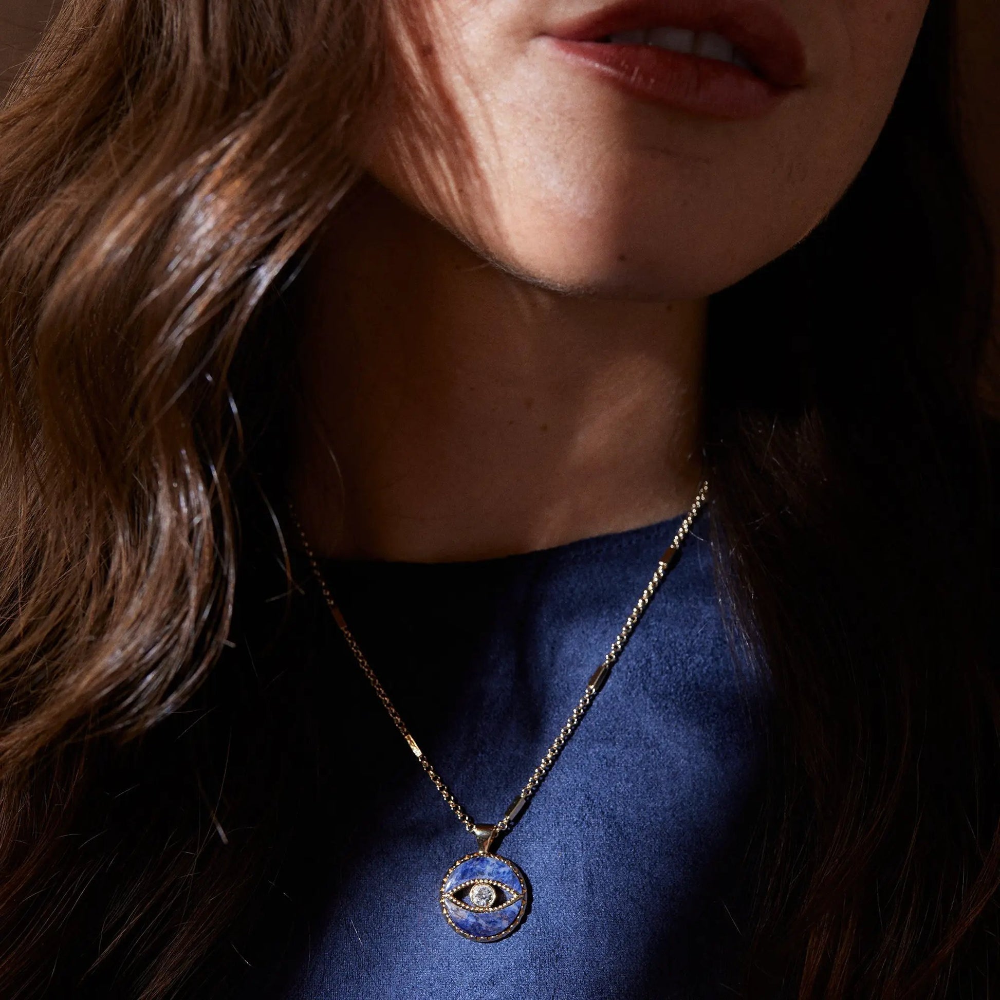 Sodalite Evil Eye Necklace by ALEX AND ANI with blue pendant on gold-tone chain on Tampa Home & Garden Store