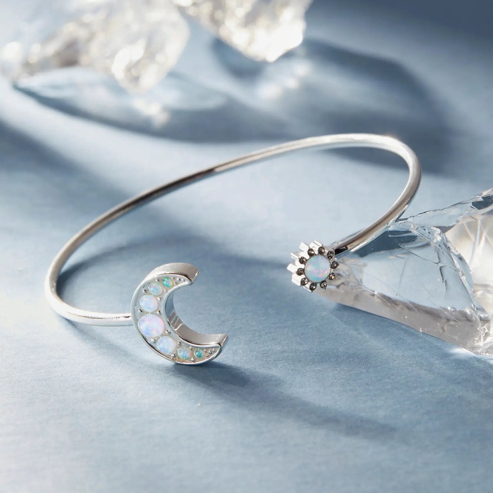 Moon + Sun Flex Cuff bracelet by ALEX AND ANI, silver-tone bangle with iridescent opal stones on Tampa Home & Garden Store