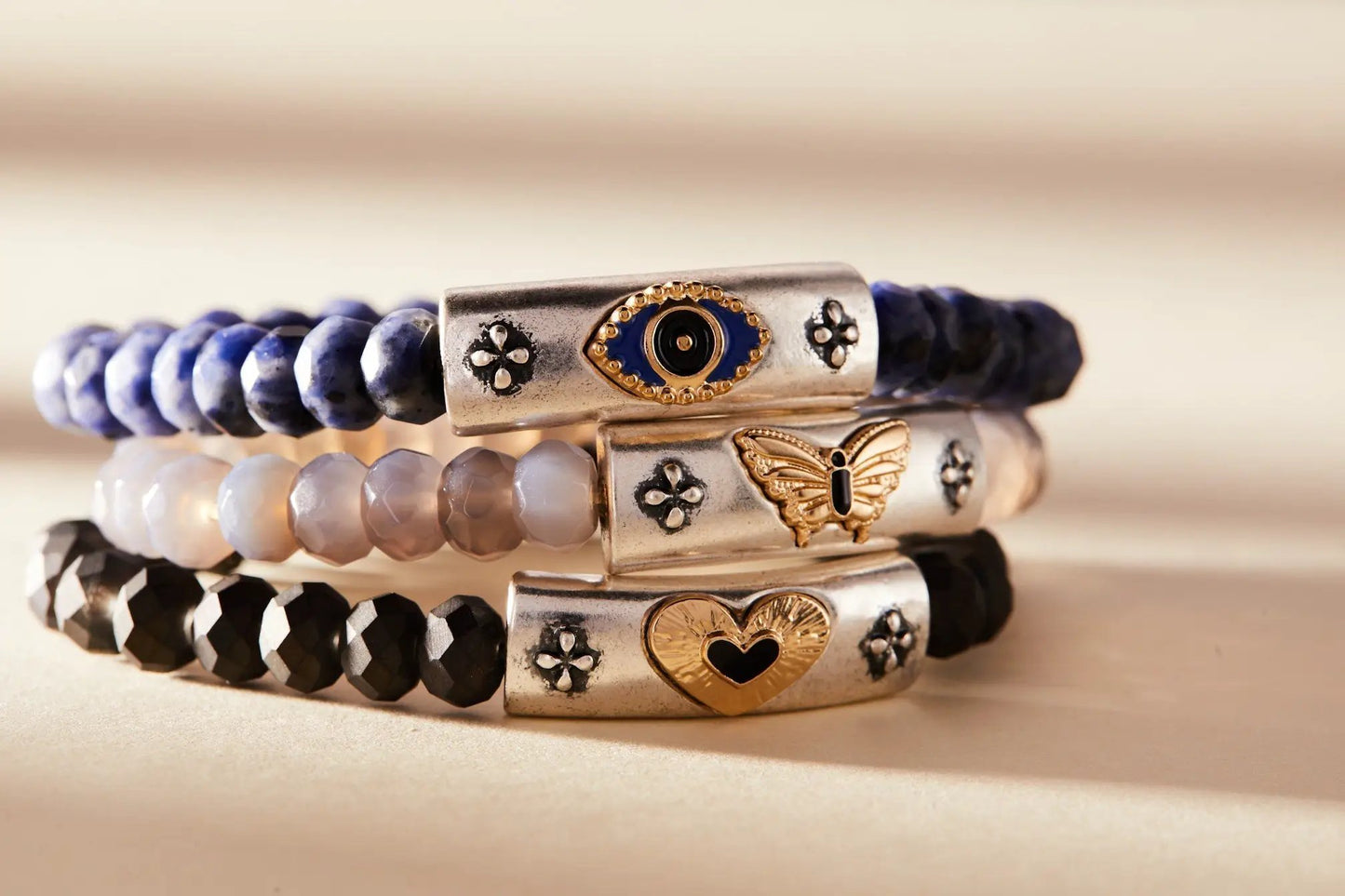 Antique Evil Eye Stretch Bracelet by Alex and Ani with blue enamel eye on a silver tube on Tampa Home & Garden Store