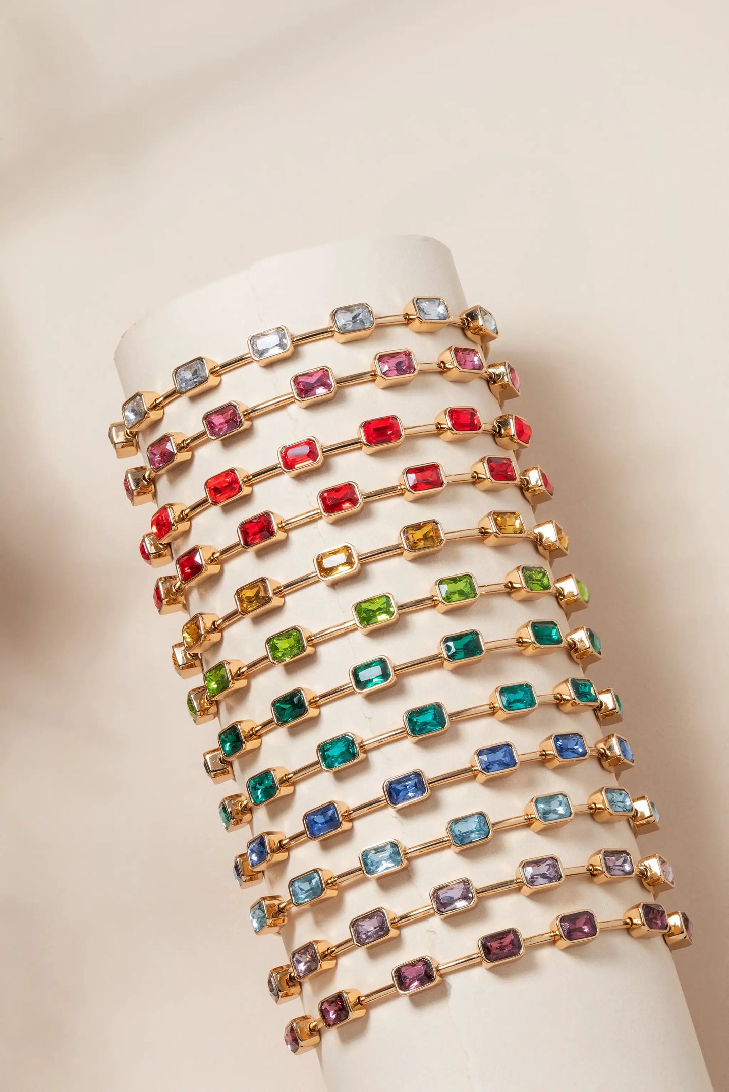 July Birthstone Emerald Cut Bangle stack; gold-tone bracelet with emerald-cut gems in colors on Tampa Home & Garden Store