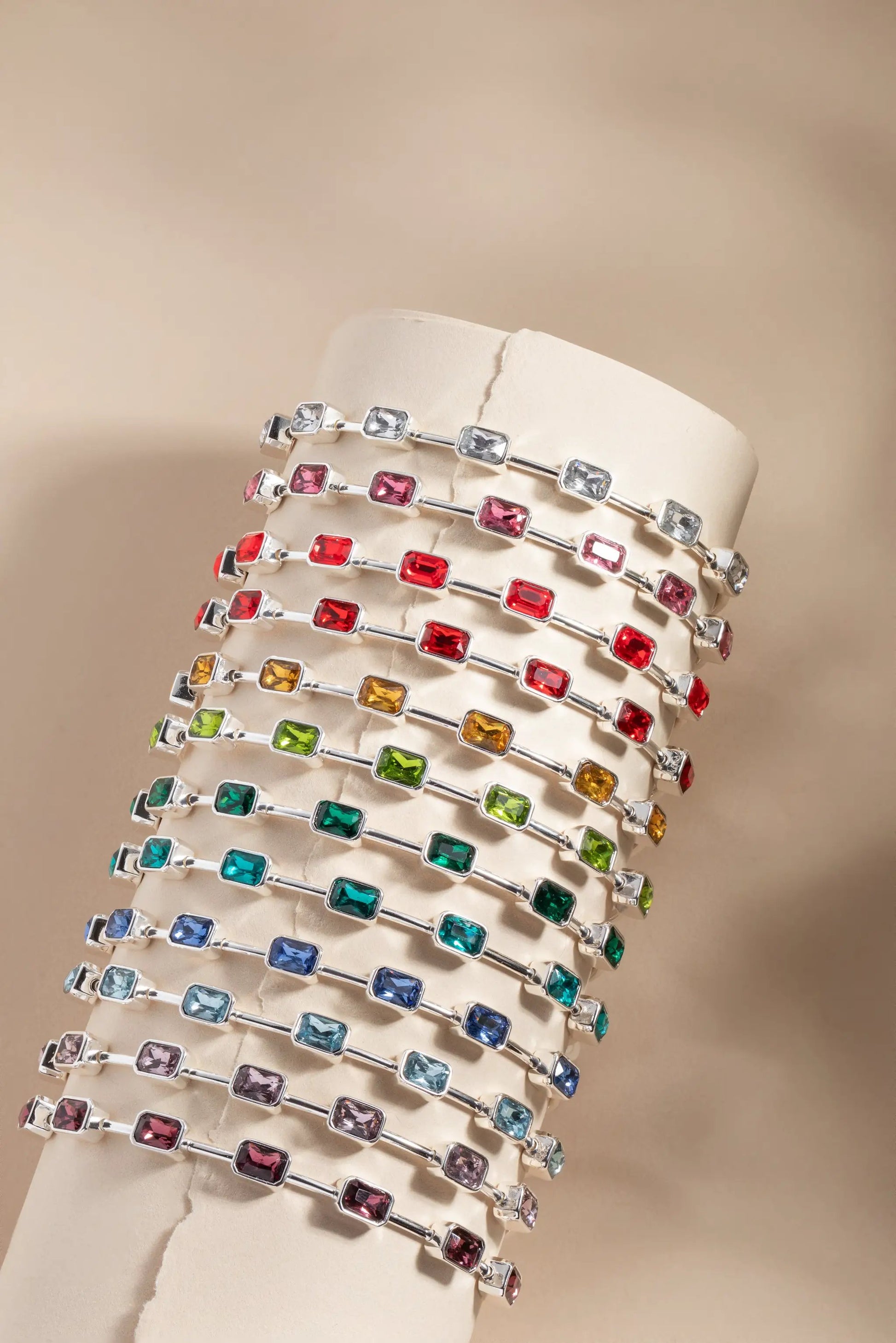 February Emerald Cut Bangle by ALEX AND ANI with emerald-cut stones on silver bands on Tampa Home & Garden Store