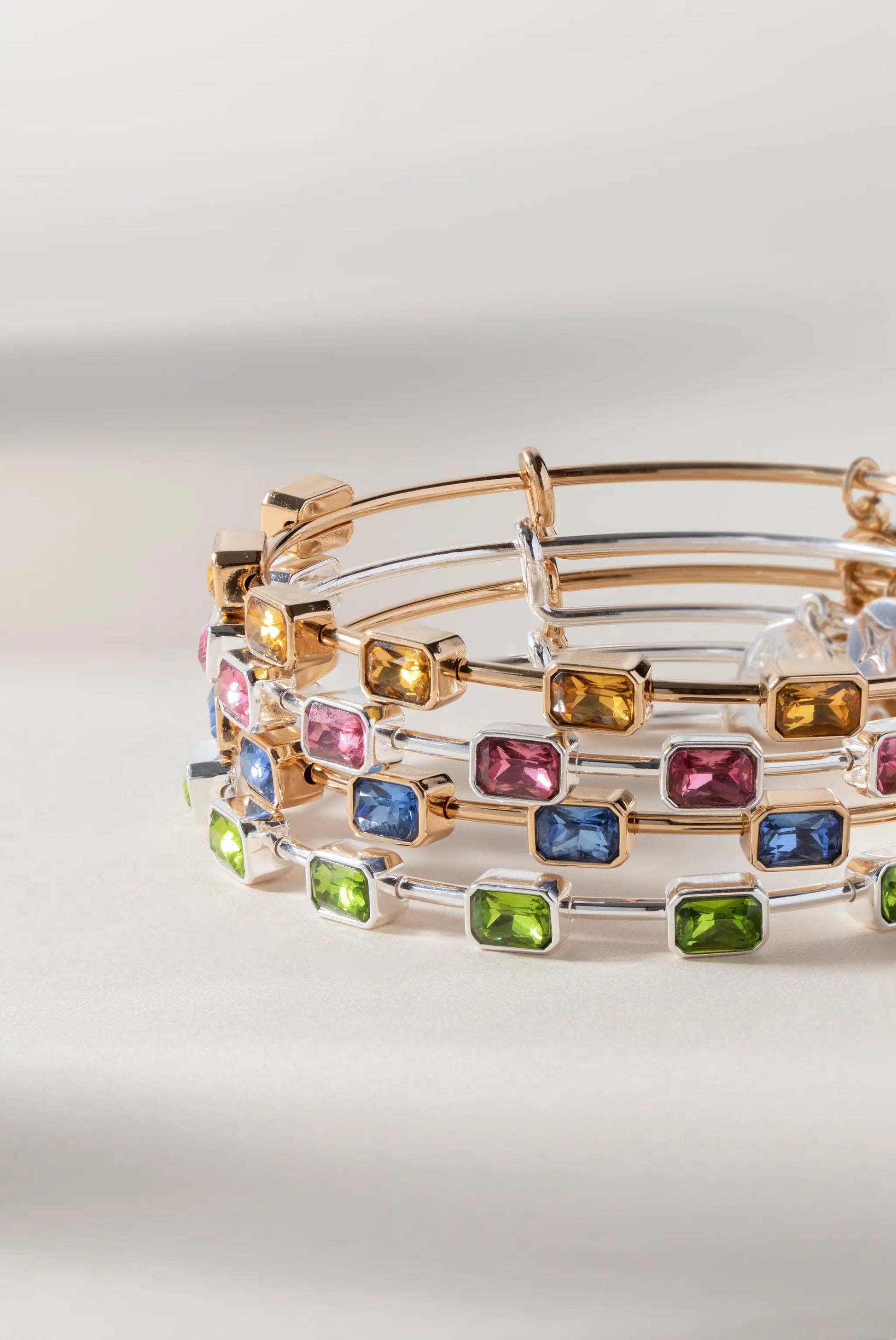 February Birthstone Emerald Cut Bangle with gems on gold and silver bracelets by ALEX AND ANI on Tampa Home & Garden Store
