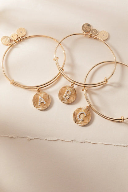 Initial B pave starburst texture gold bangle with letter B charm by ALEX AND ANI on Tampa Home & Garden Store