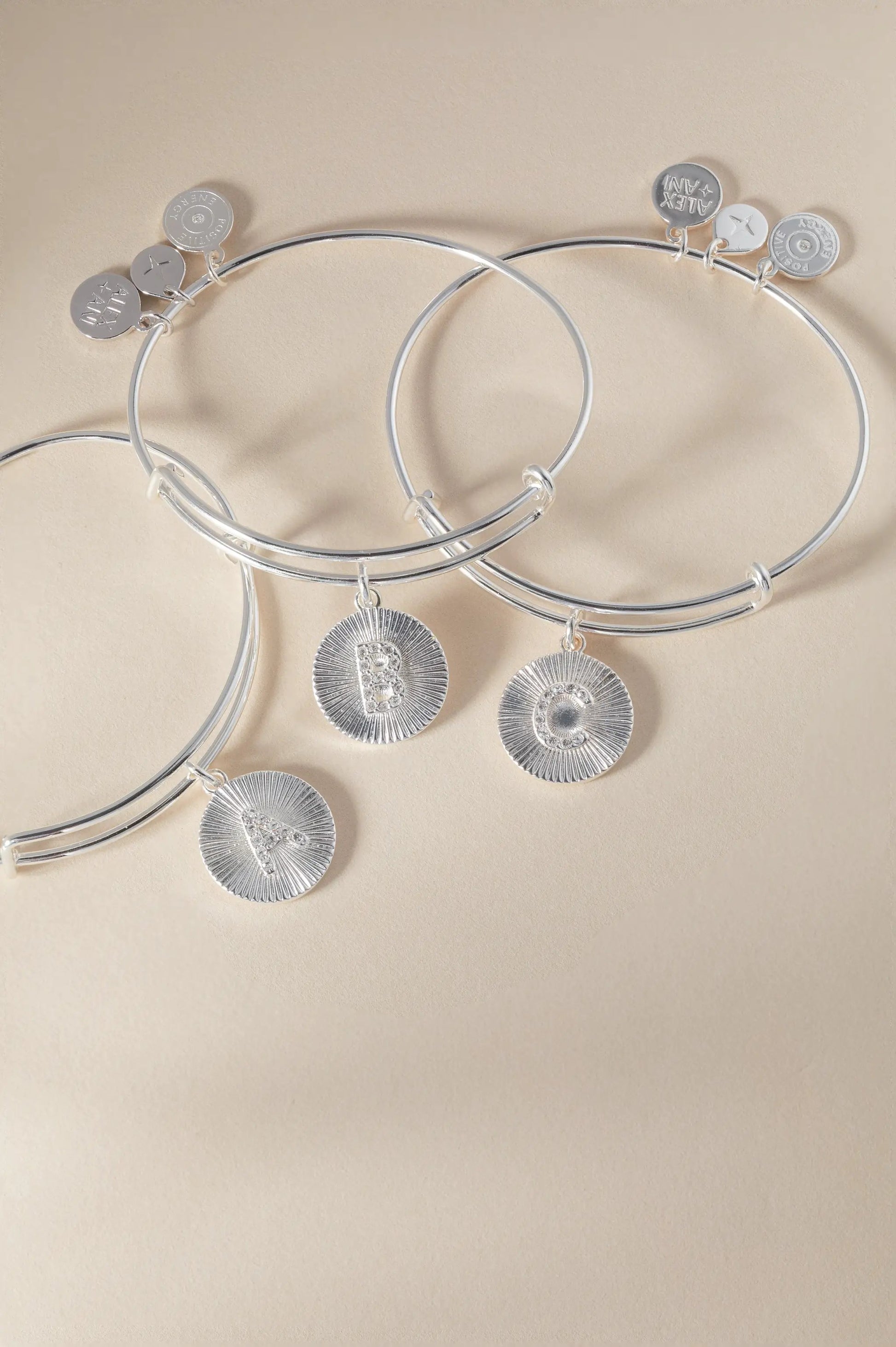 Set of 3 silver-tone Initial B pave starburst texture bangles by ALEX AND ANI on Tampa Home & Garden Store
