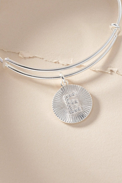 Initial E pave starburst texture bangle bracelet in silver-tone with rhinestone E charm on Tampa Home & Garden Store