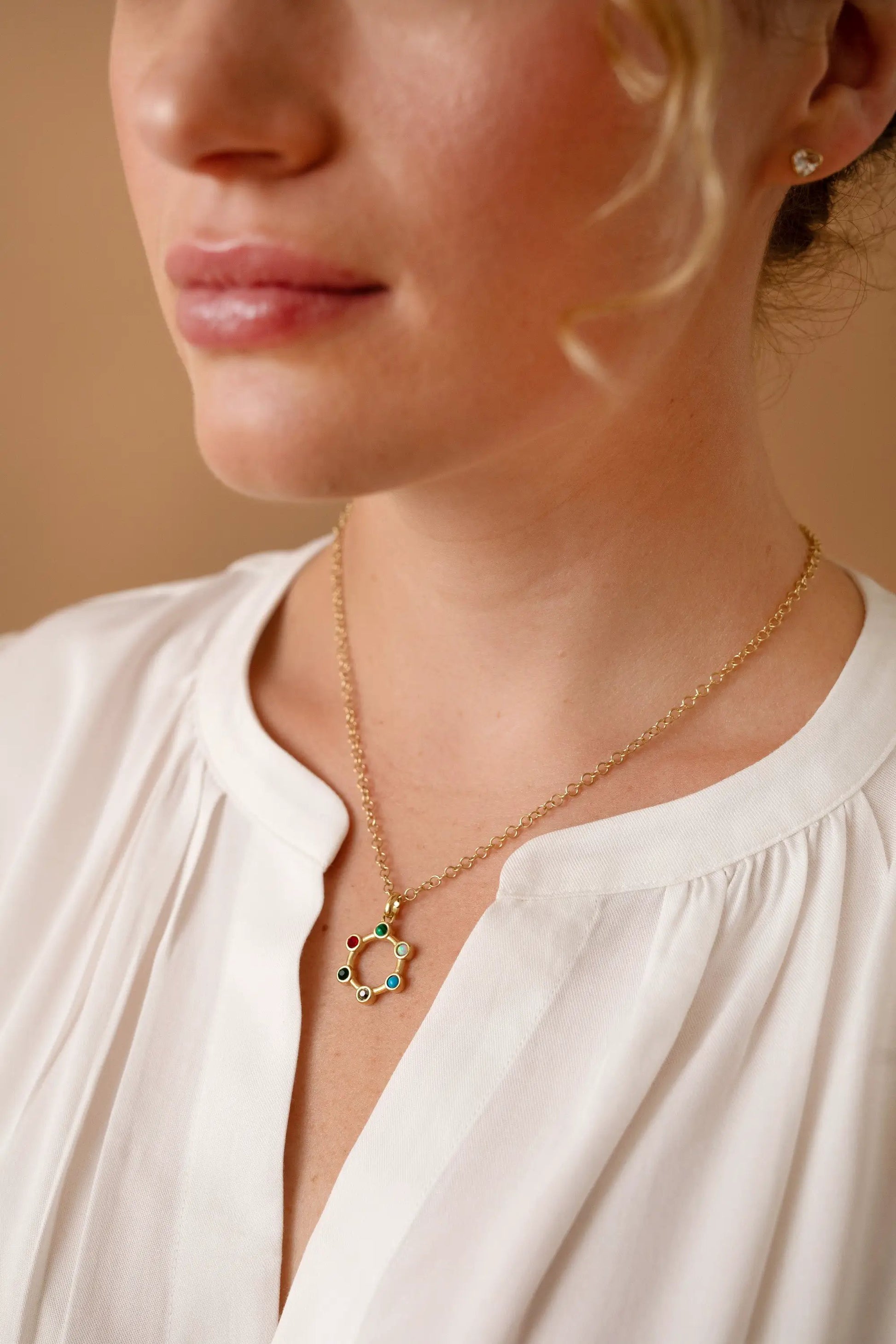 Mother Hidden Message Acrostic Necklace with gold-tone chain and colorful circular pendant on Tampa Home & Garden Store