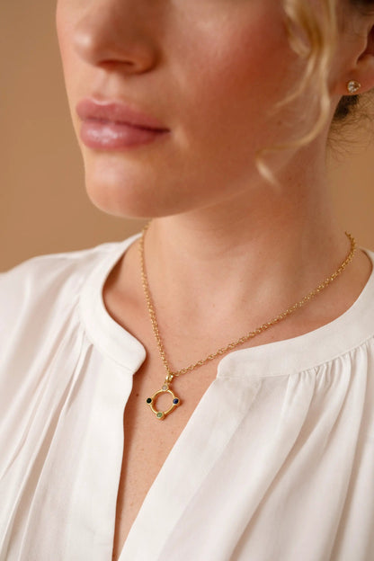 Wife Hidden Message Acrostic Necklace ALEX AND ANI, gold-tone circular pendant with four stones on Tampa Home & Garden Store