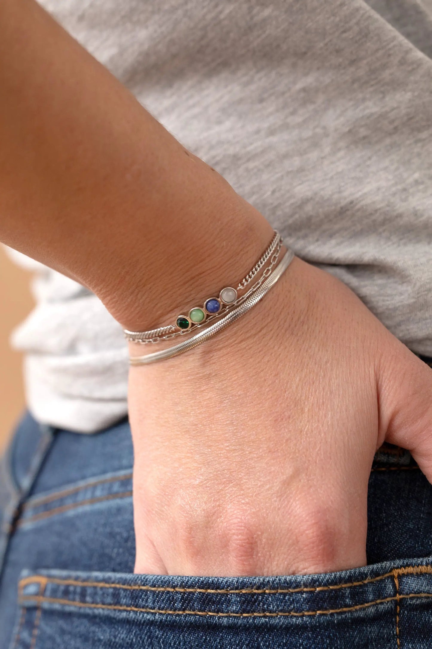 Wife Hidden Message Acrostic Bolo Bracelet, Alex Ani with gemstone beads on wrist on Tampa Home & Garden Store