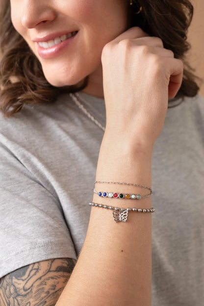 Butterfly Ball Chain Bracelet by ALEX AND ANI; silver chain with rainbow bead accents and a butterfly charm on the wrist (set of 4 bracelets) on Tampa Home & Garden Store