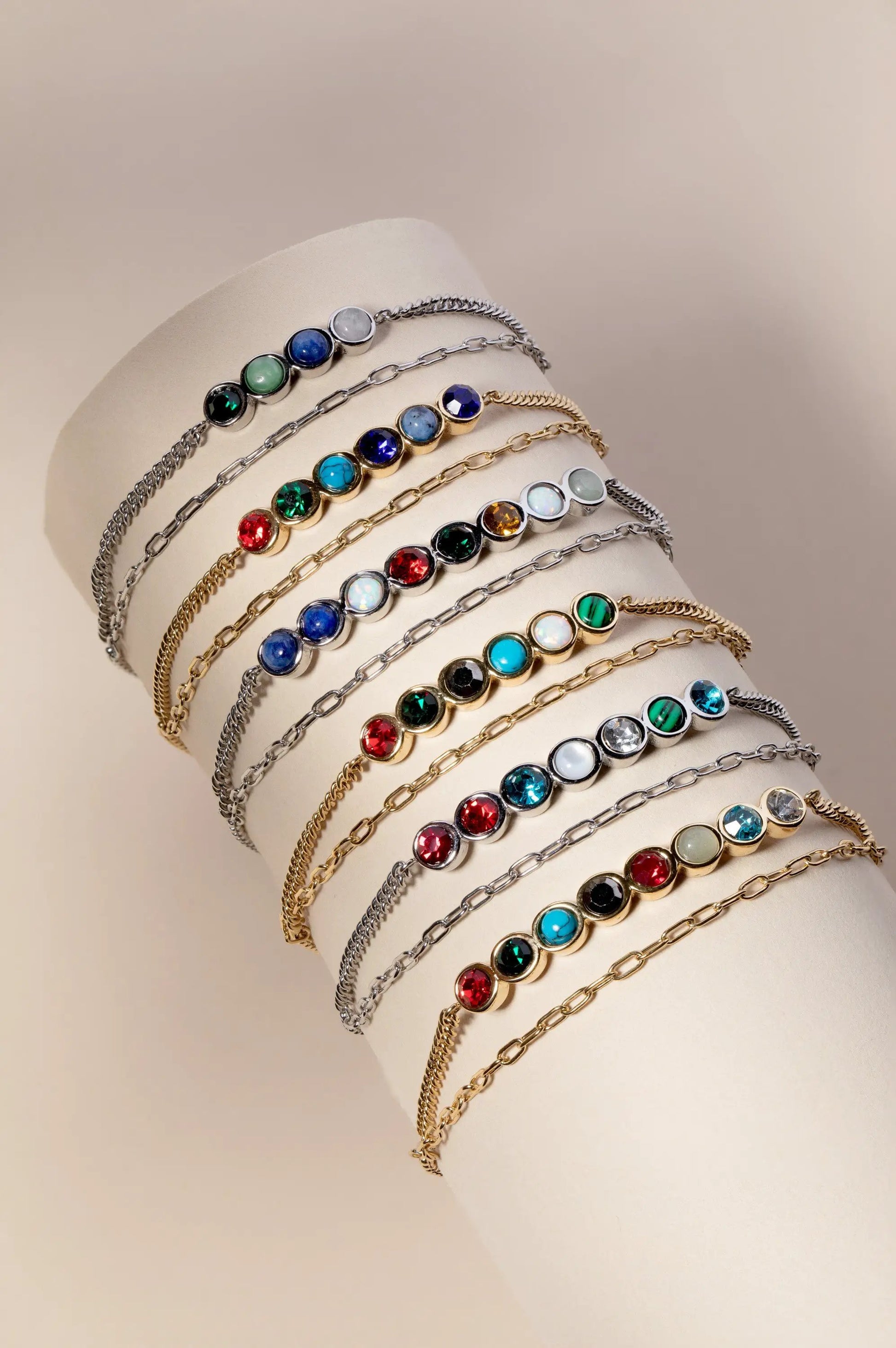 Mother Hidden Message Acrostic Bolo Bracelet with gemstones on silver and gold-tone chains on Tampa Home & Garden Store