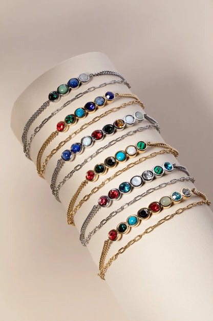 Mother Hidden Message Acrostic Bolo Bracelet with gemstones on silver and gold-tone chains on Tampa Home & Garden Store