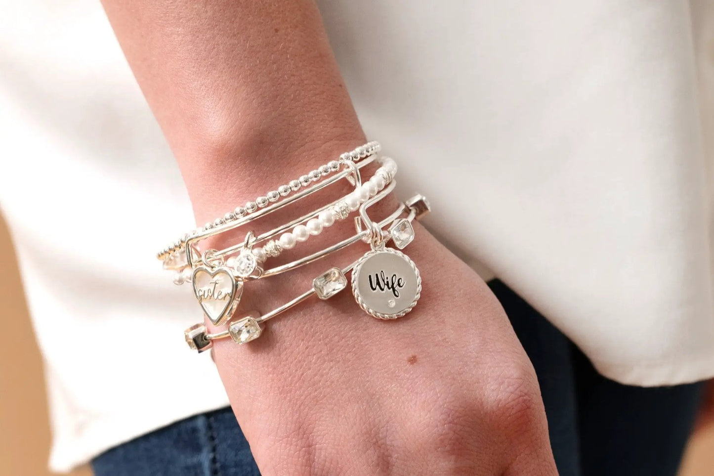 Sister Mother of Pearl Bangle by ALEX AND ANI, silver-tone bracelet stack with pearl beads on Tampa Home & Garden Store
