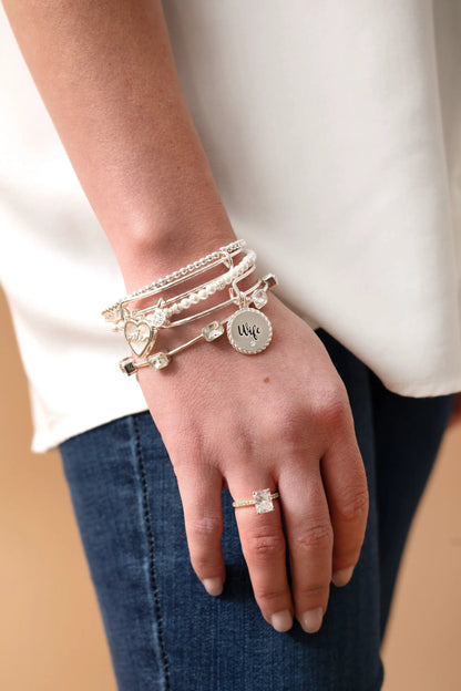 Dot Beaded Bracelet by ALEX AND ANI on wrist, silver-tone bead stack with heart and Wife charms on Tampa Home & Garden Store