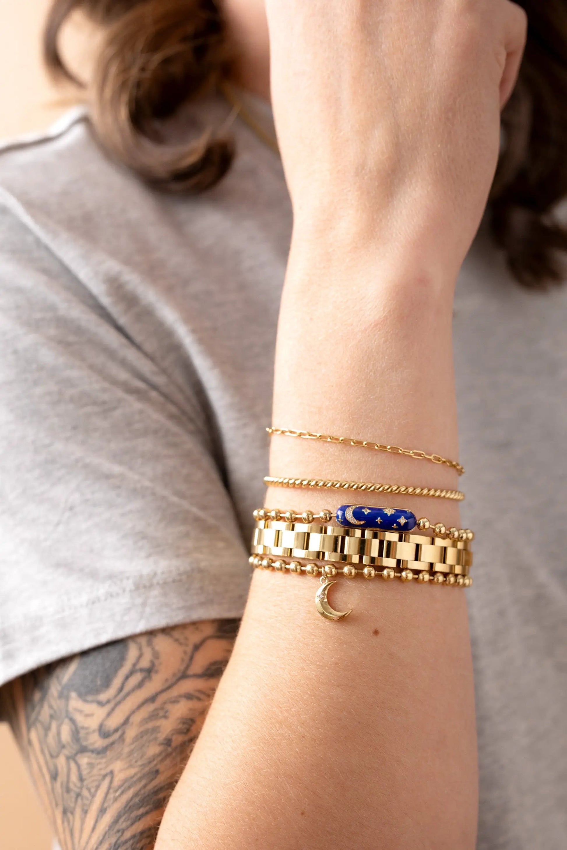 Everyday Paperclip Chain Bracelet in gold tone with blue enamel crescent charm on Tampa Home & Garden Store