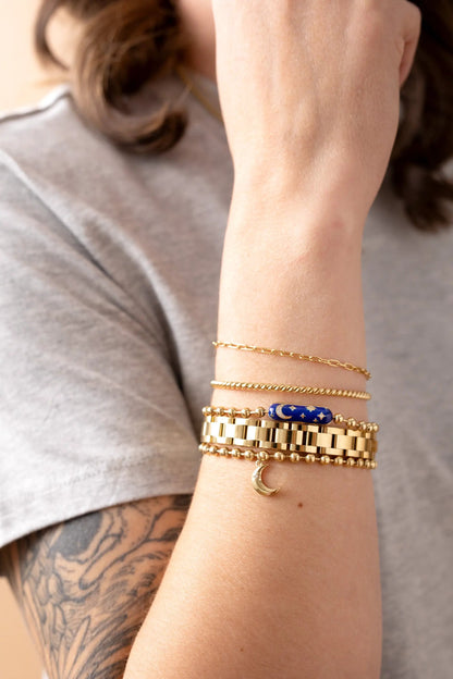 Everyday Paperclip Chain Bracelet in gold tone with blue enamel crescent charm on Tampa Home & Garden Store