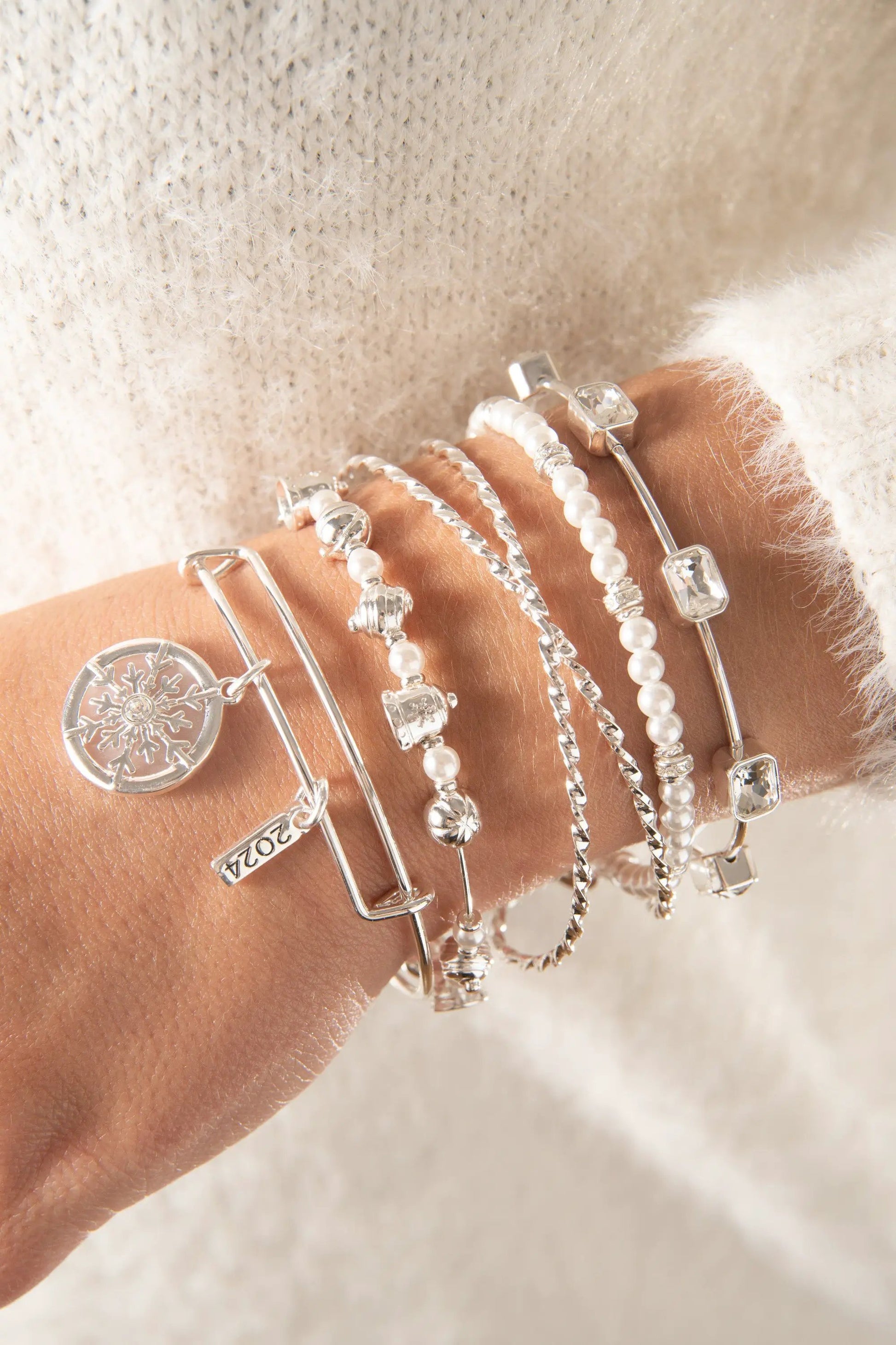April Birthstone Emerald Cut Bangle by ALEX AND ANI — silver bracelet stack with beads 8 pcs on Tampa Home & Garden Store