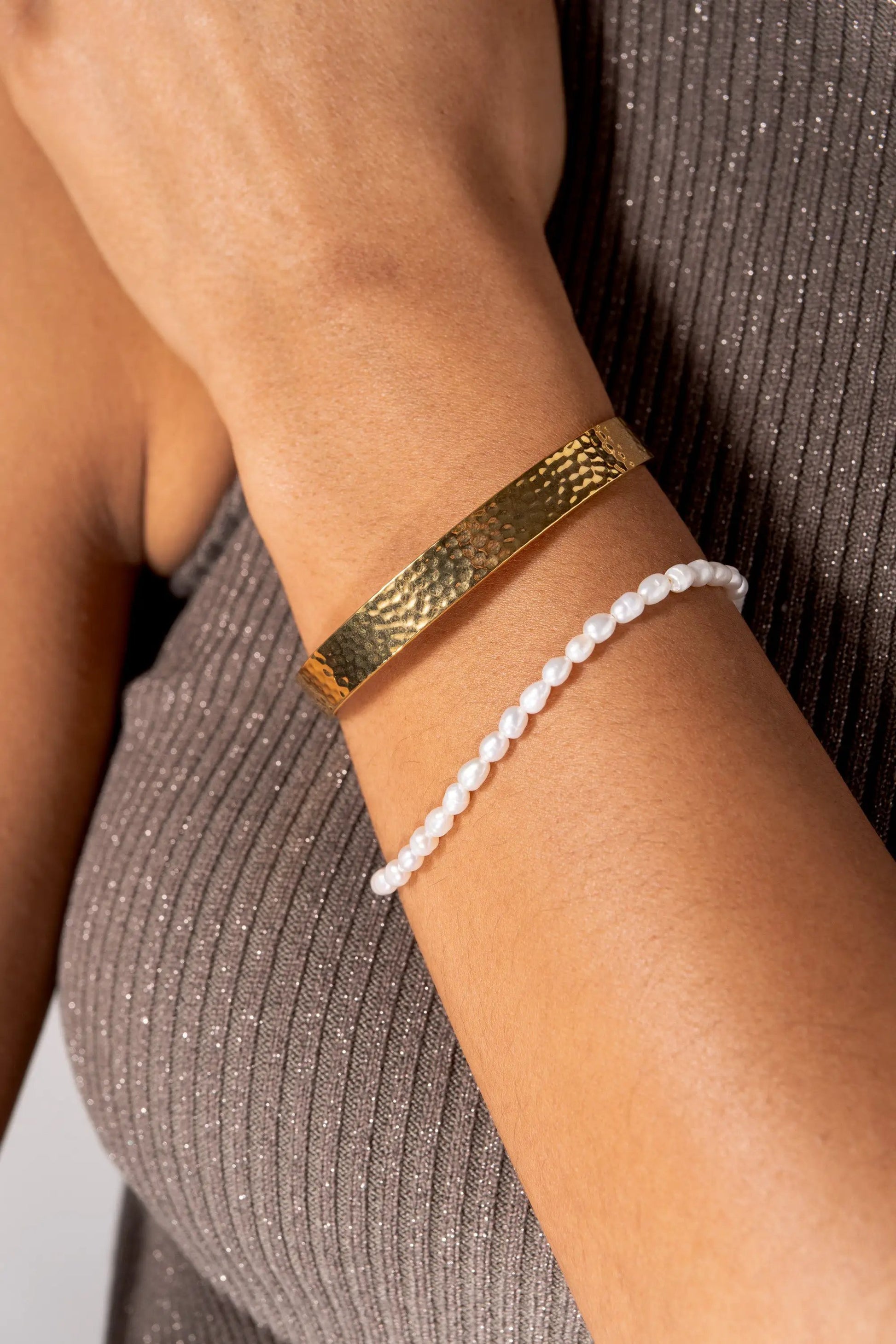 Freshwater Pearl Bracelet paired with hammered gold cuff, two bracelets, by ALEX AND ANI on Tampa Home & Garden Store