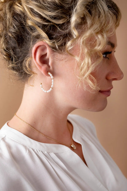 Rice Pearl Hoop Earring by ALEX AND ANI, gold-tone hoop adorned with white pearls on Tampa Home & Garden Store