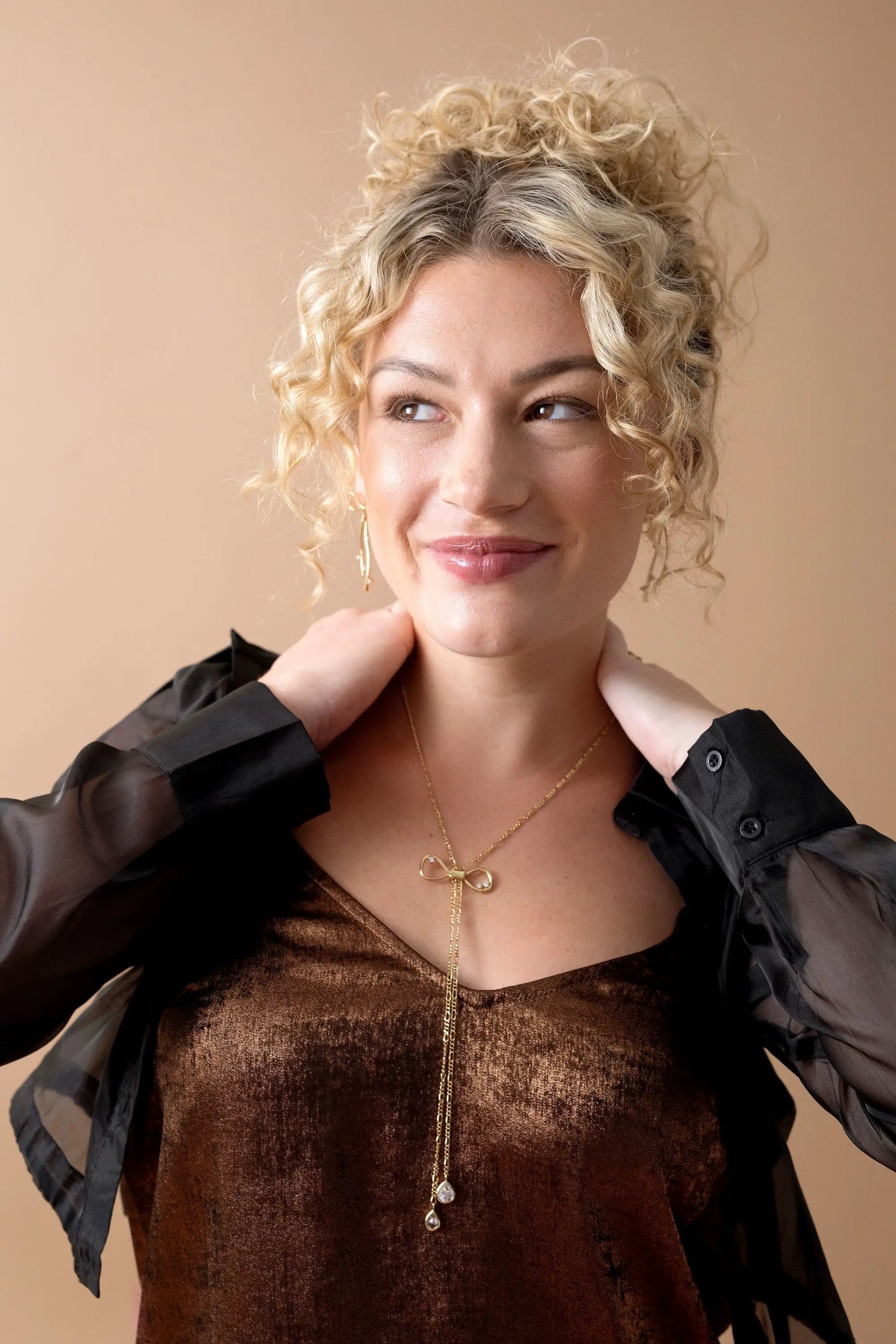 Coquette Bow Necklace by ALEX AND ANI goldtone bow pendant with drop chain crystal drops on Tampa Home & Garden Store
