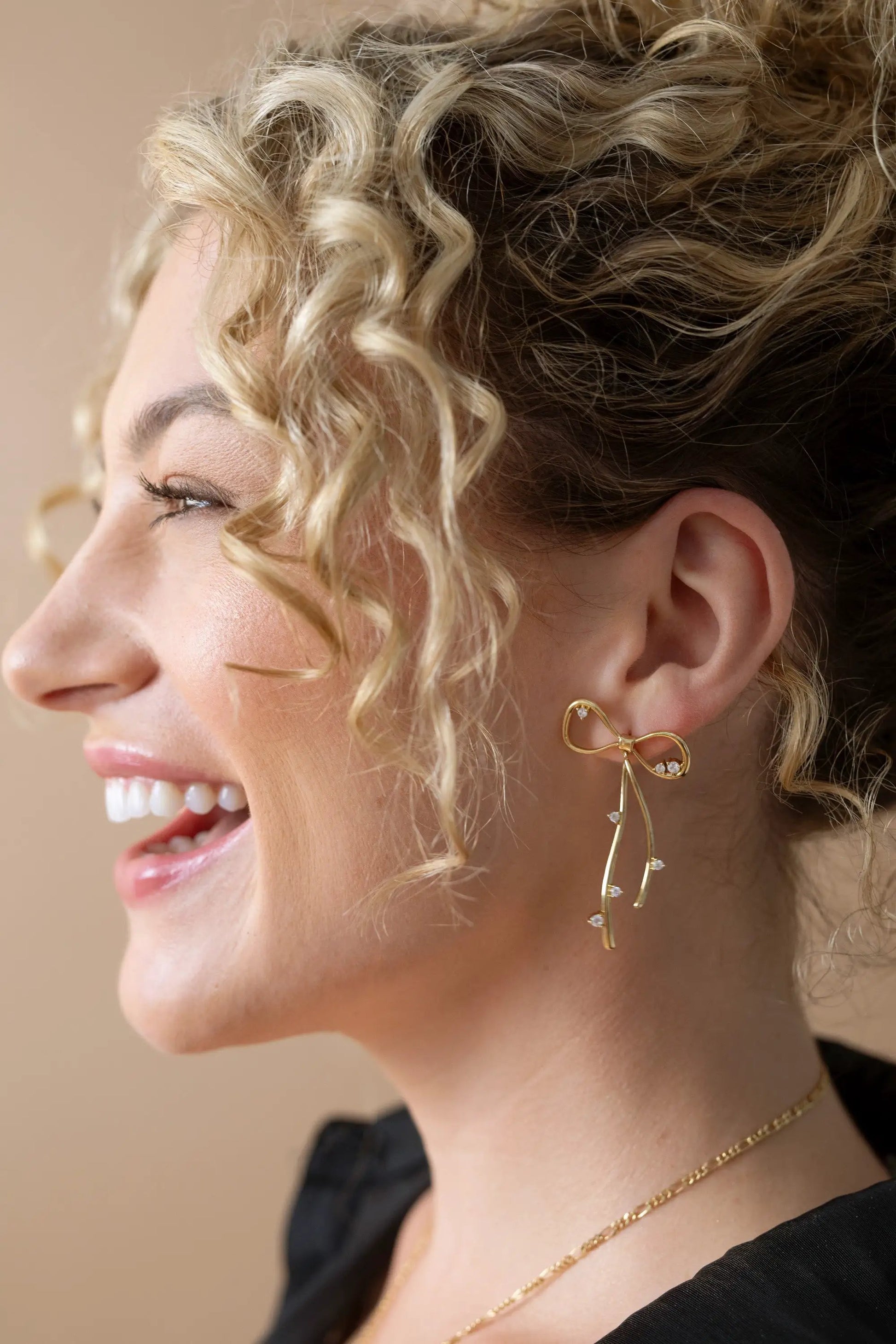 Coquette Bow Earrings gold-tone by ALEX AND ANI with bow pendant and long crystal-dusted chain on Tampa Home & Garden Store