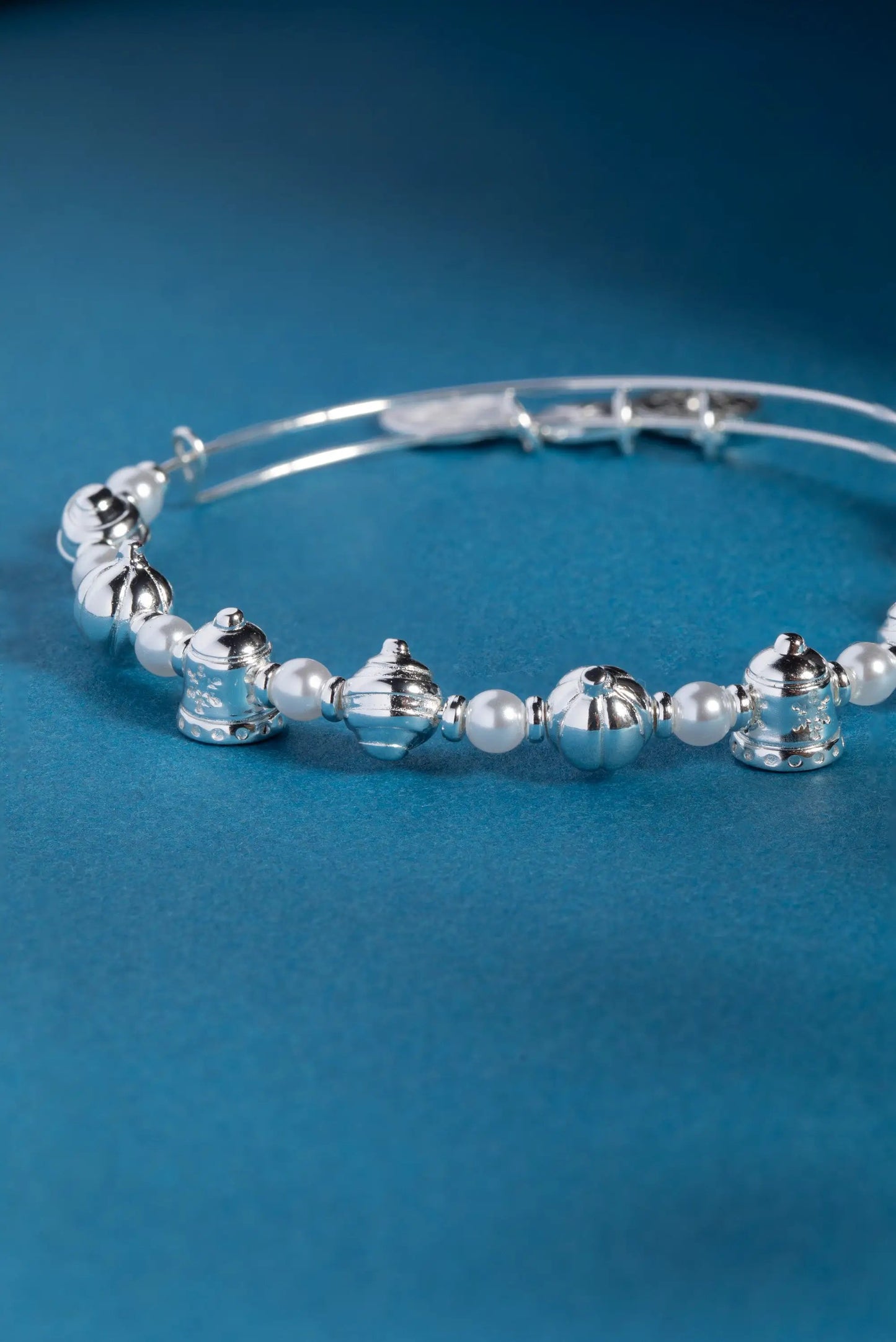 Bells Beaded Bangle bracelet by ALEX AND ANI with silver bell beads and white pearls on Tampa Home & Garden Store