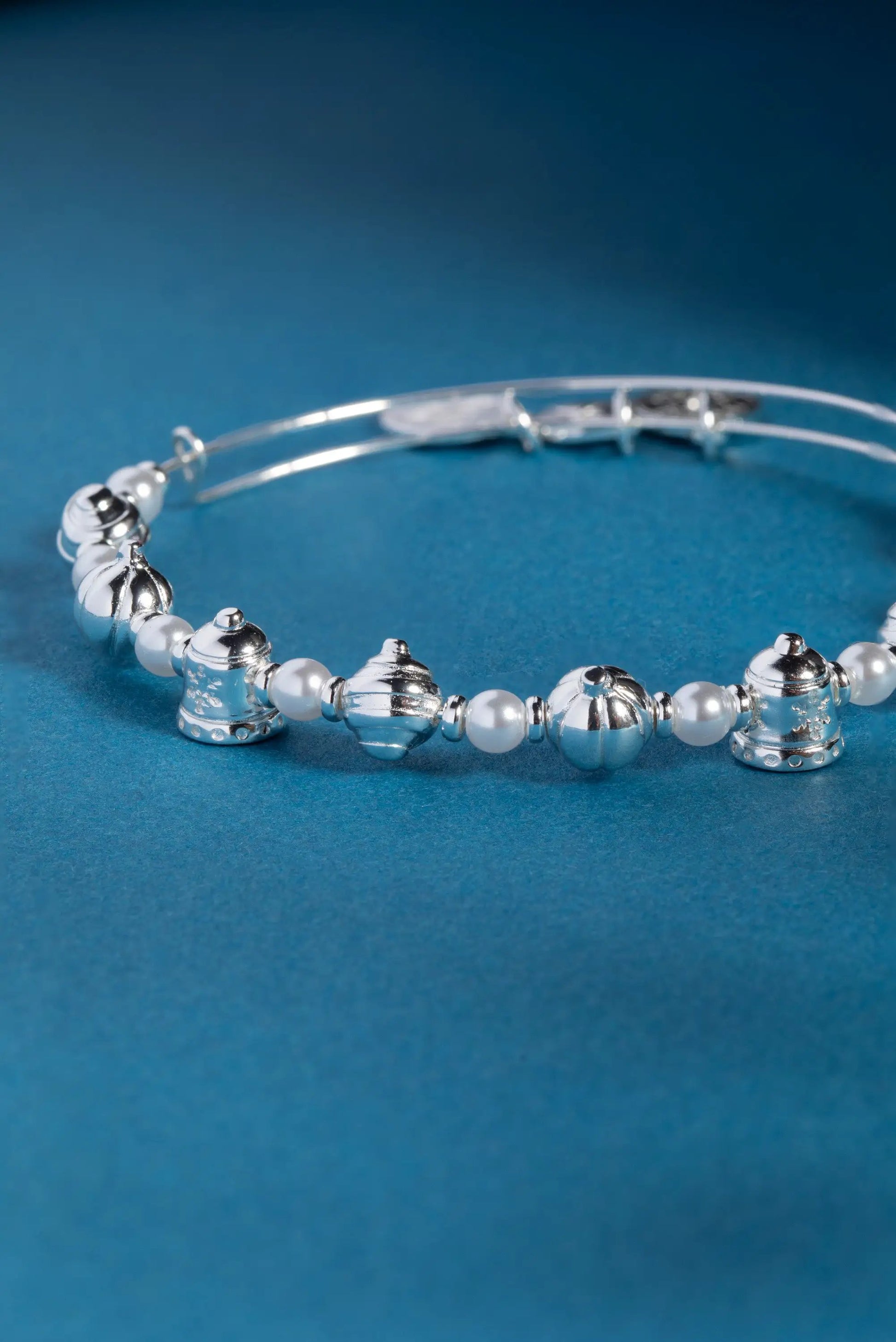 Bells Beaded Bangle bracelet by ALEX AND ANI with silver bell beads and white pearls on Tampa Home & Garden Store