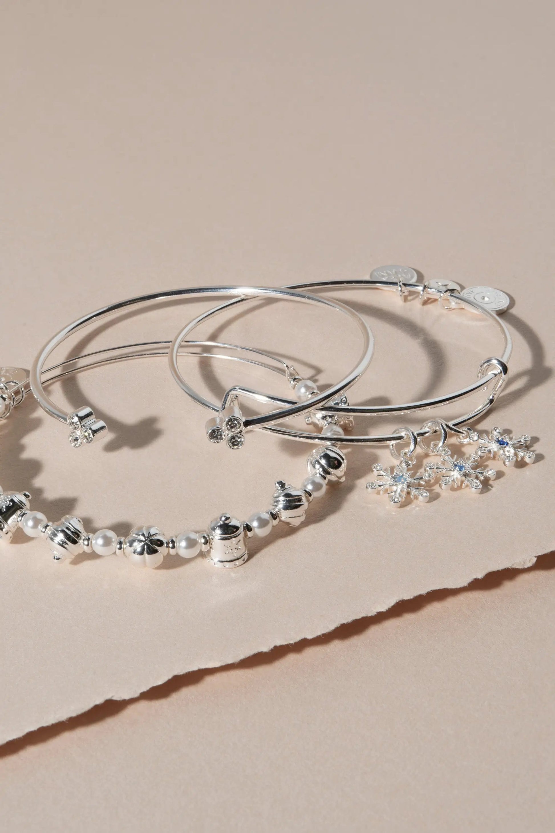 Bells Beaded Bangle by ALEX AND ANI in silver-tone with pearl beads and flower charms on Tampa Home & Garden Store