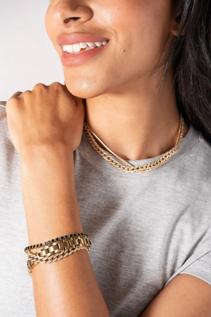 Crystal pave curb chain bracelet, gold-tone, shown as part of a bracelet stack on Tampa Home & Garden Store